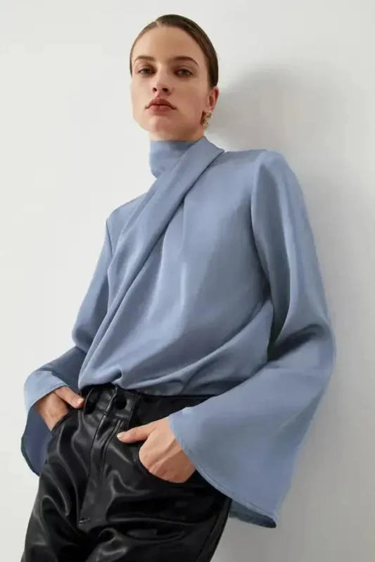 Ivy Asymmetric Blouse - Pleated Turtleneck Bell Sleeve-4