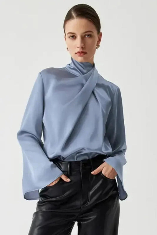Ivy Asymmetric Blouse - Pleated Turtleneck Bell Sleeve-3