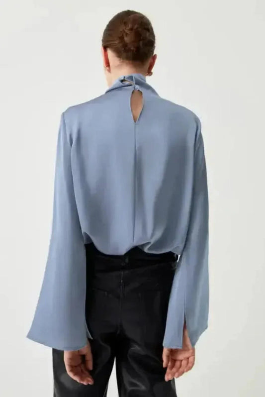 Ivy Asymmetric Blouse - Pleated Turtleneck Bell Sleeve-1